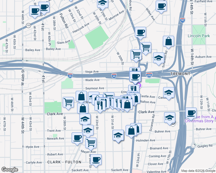 map of restaurants, bars, coffee shops, grocery stores, and more near 3111 Wade Avenue in Cleveland