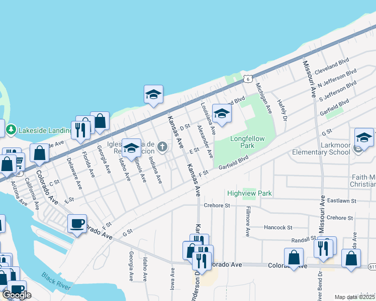 map of restaurants, bars, coffee shops, grocery stores, and more near 1415 E Street in Lorain