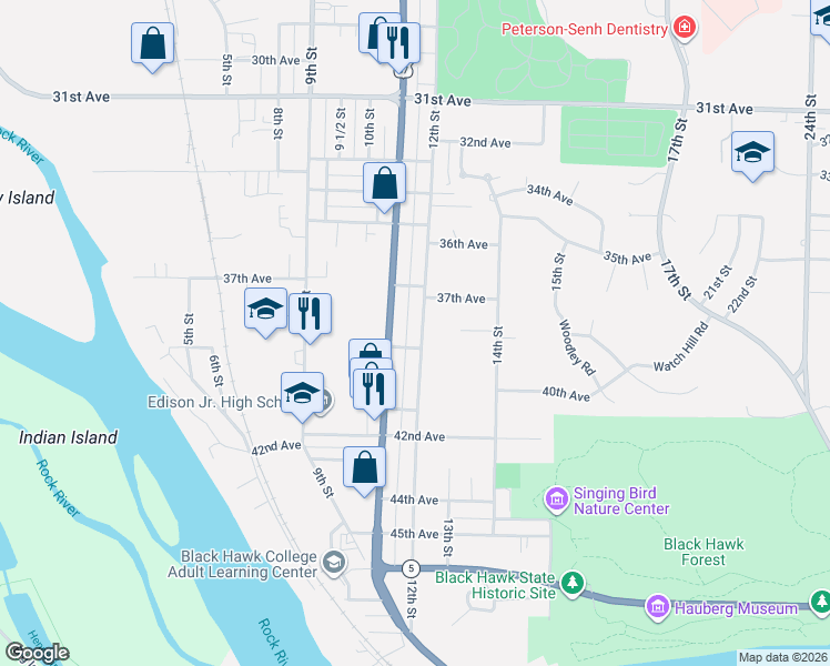 map of restaurants, bars, coffee shops, grocery stores, and more near 3744 12th Street in Rock Island