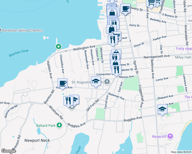 map of restaurants, bars, coffee shops, grocery stores, and more near 40 Atlantic Street in Newport