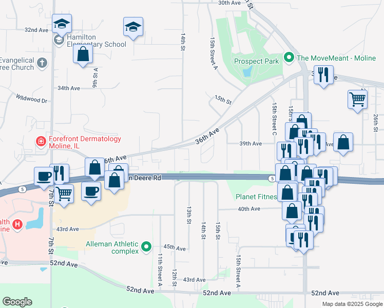 map of restaurants, bars, coffee shops, grocery stores, and more near 3814 13th Street in Moline