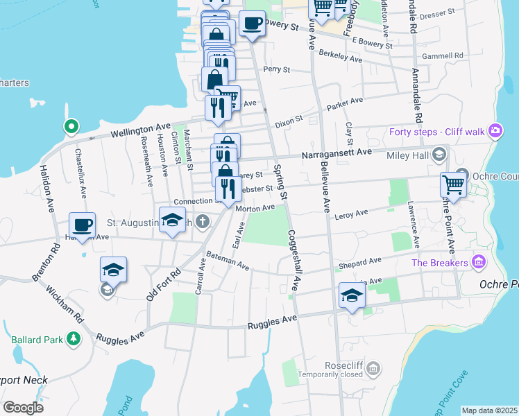 map of restaurants, bars, coffee shops, grocery stores, and more near 43 Webster Street in Newport