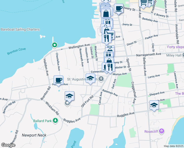 map of restaurants, bars, coffee shops, grocery stores, and more near 81 Houston Avenue in Newport