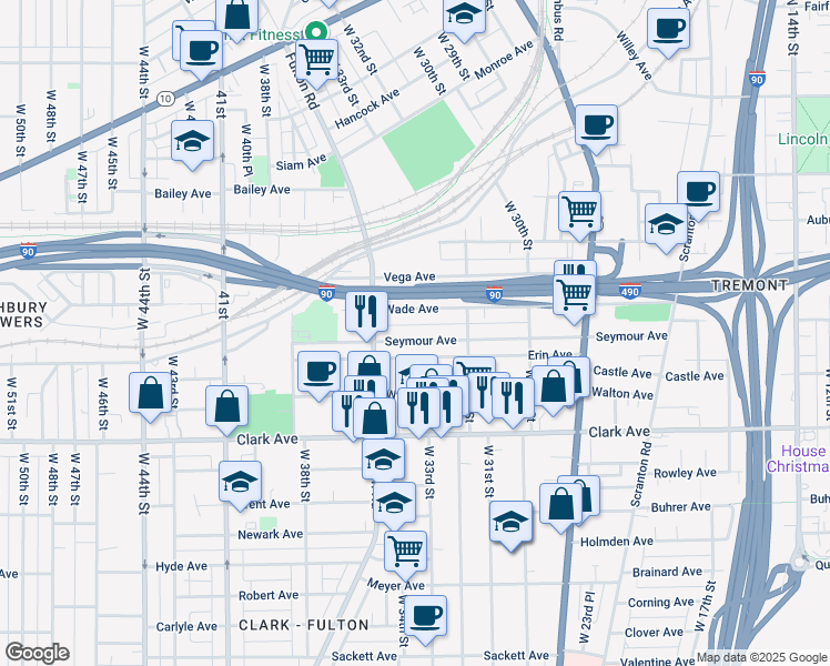 map of restaurants, bars, coffee shops, grocery stores, and more near 3420 Wade Avenue in Cleveland
