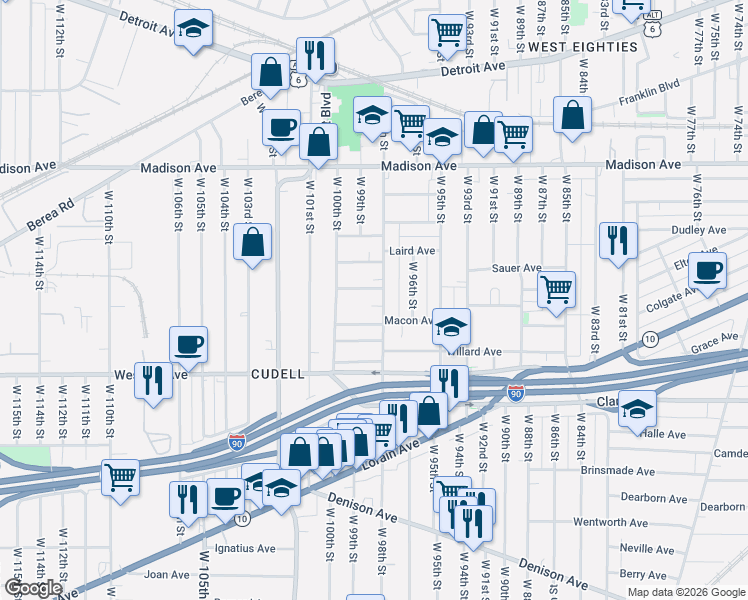 map of restaurants, bars, coffee shops, grocery stores, and more near 9811 Cudell Avenue in Cleveland
