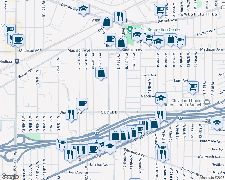 map of restaurants, bars, coffee shops, grocery stores, and more near 2128 West 101st Street in Cleveland