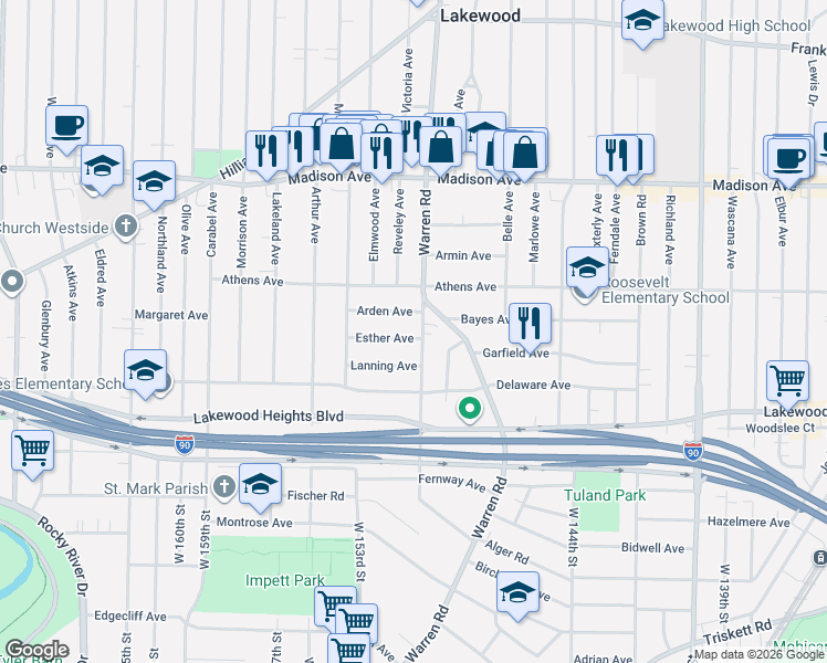 map of restaurants, bars, coffee shops, grocery stores, and more near 14912 Arden Avenue in Lakewood