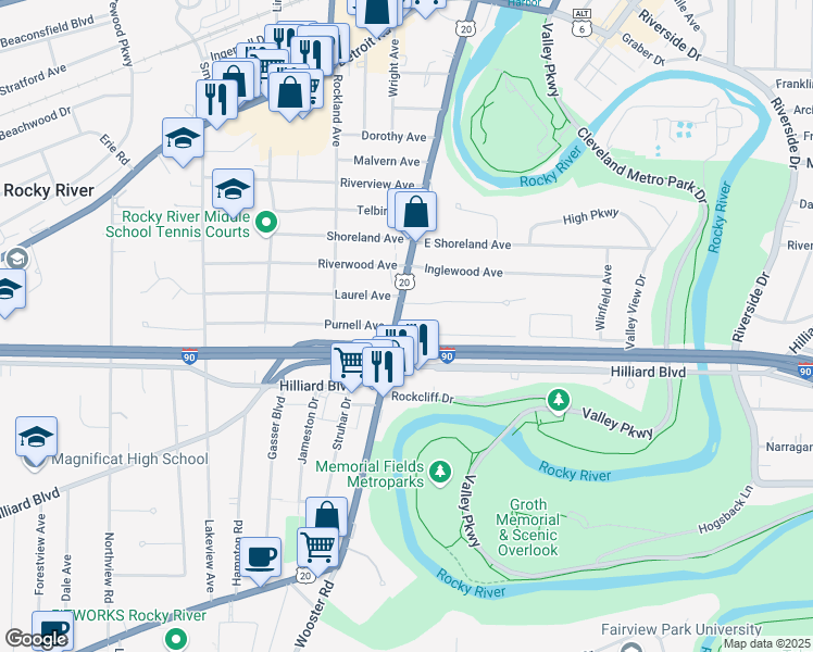 map of restaurants, bars, coffee shops, grocery stores, and more near 2323 Wooster Road in Rocky River