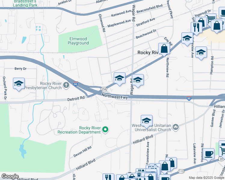 map of restaurants, bars, coffee shops, grocery stores, and more near 21215 Detroit Road in Rocky River