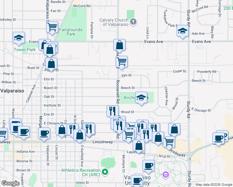 map of restaurants, bars, coffee shops, grocery stores, and more near 1015 Beech Street in Valparaiso