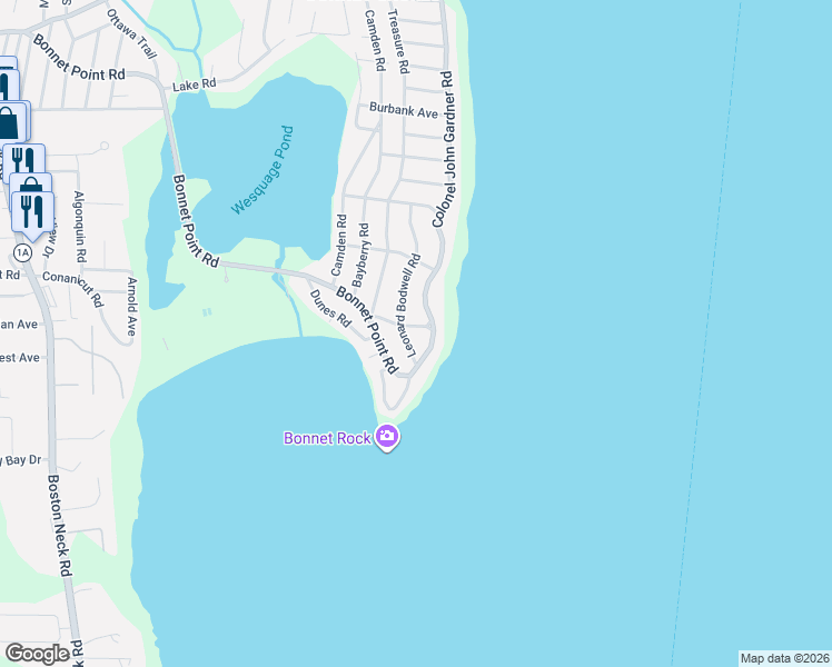 map of restaurants, bars, coffee shops, grocery stores, and more near 21 Namcook Road in Narragansett