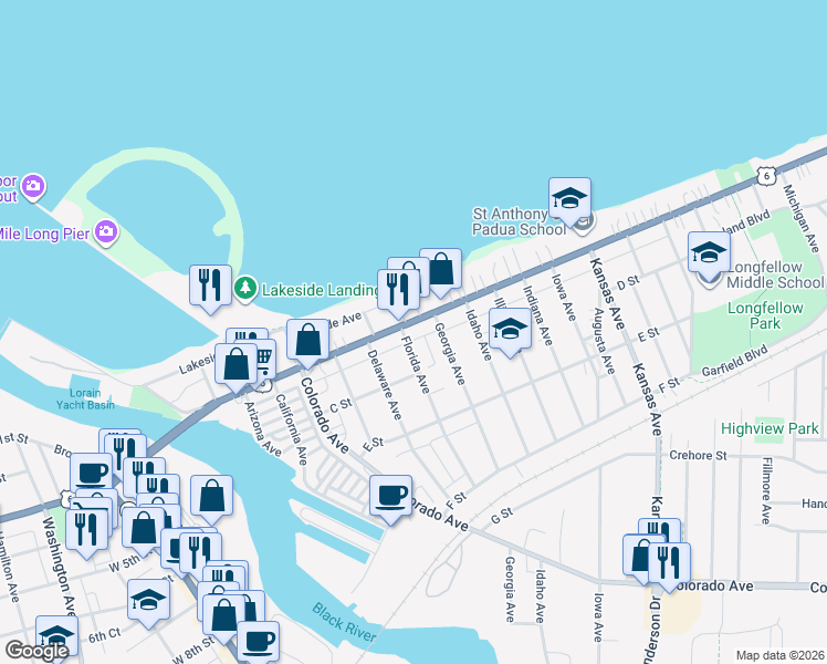 map of restaurants, bars, coffee shops, grocery stores, and more near 2 Andress Court in Lorain