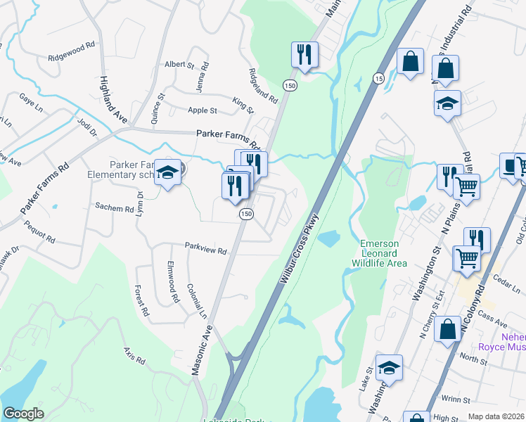 map of restaurants, bars, coffee shops, grocery stores, and more near 86 North Turnpike Road in Wallingford