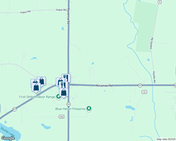 map of restaurants, bars, coffee shops, grocery stores, and more near 12530 Kinsman Road in Burton