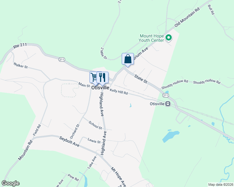 map of restaurants, bars, coffee shops, grocery stores, and more near 9 Kelly Hill Road in Otisville