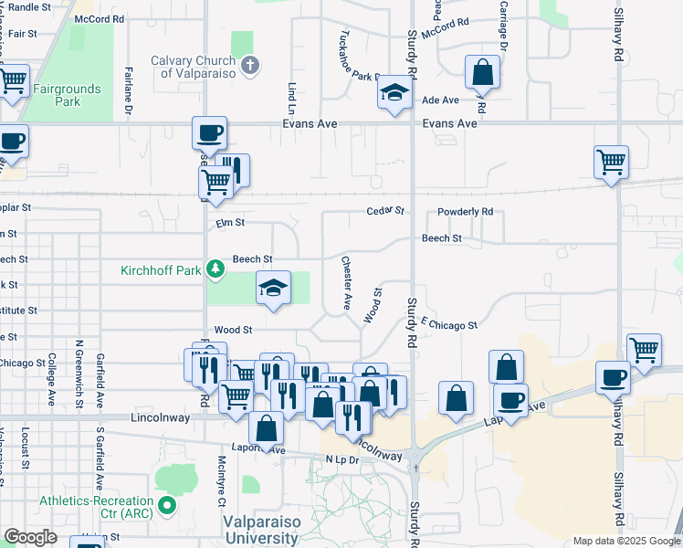map of restaurants, bars, coffee shops, grocery stores, and more near 1703 Beech Street in Valparaiso