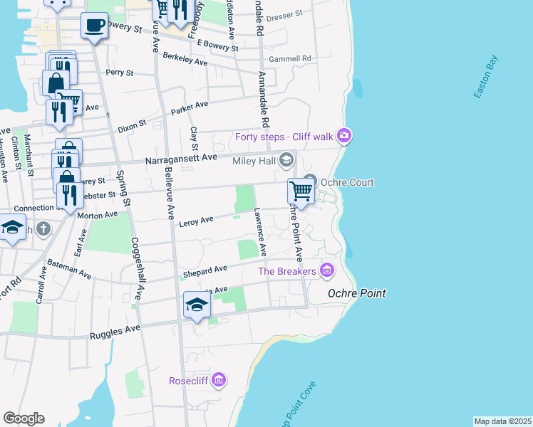 map of restaurants, bars, coffee shops, grocery stores, and more near 100 Ochre Point Avenue in Newport