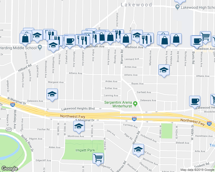 map of restaurants, bars, coffee shops, grocery stores, and more near 15116 Esther Avenue in Lakewood