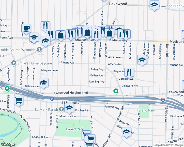 map of restaurants, bars, coffee shops, grocery stores, and more near 15122 Arden Avenue in Lakewood
