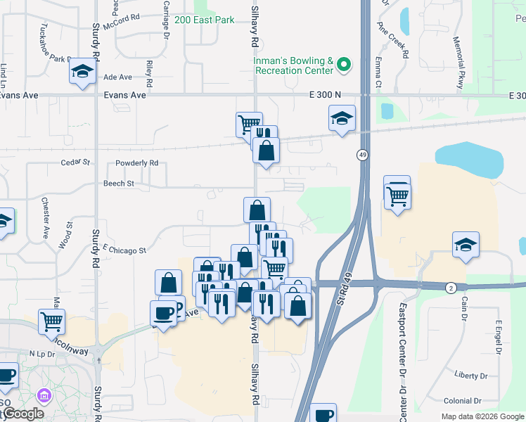 map of restaurants, bars, coffee shops, grocery stores, and more near 420-598 Silhavy Rd in Valparaiso