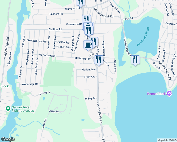 map of restaurants, bars, coffee shops, grocery stores, and more near 20 Orchard Avenue in Narragansett