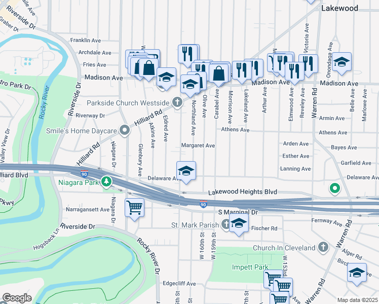 map of restaurants, bars, coffee shops, grocery stores, and more near 2189 Woodward Avenue in Lakewood