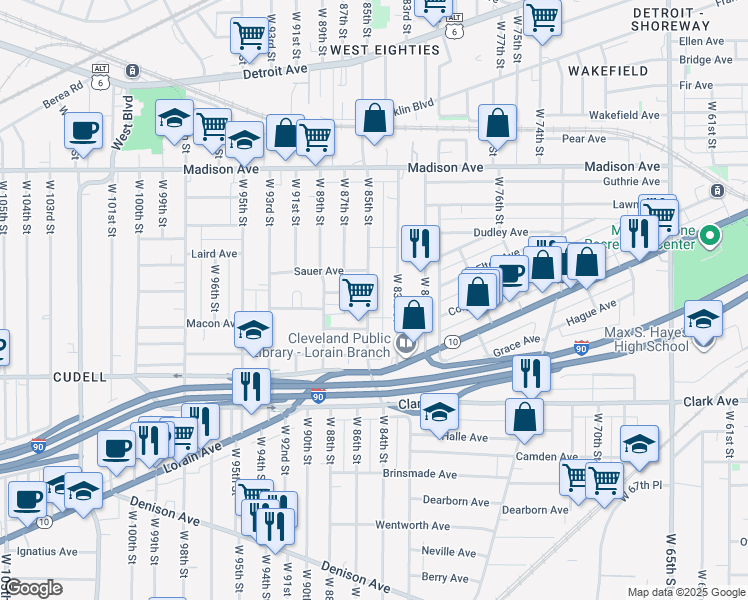 map of restaurants, bars, coffee shops, grocery stores, and more near 2133 West 84th Place in Cleveland