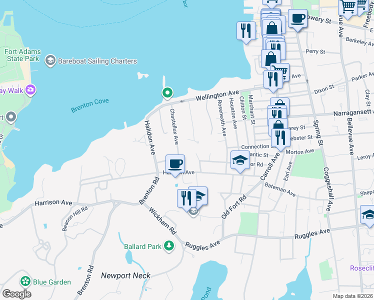 map of restaurants, bars, coffee shops, grocery stores, and more near 46 Chastellux Avenue in Newport
