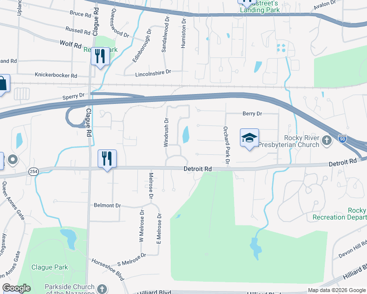 map of restaurants, bars, coffee shops, grocery stores, and more near 23010 Detroit Road in Westlake