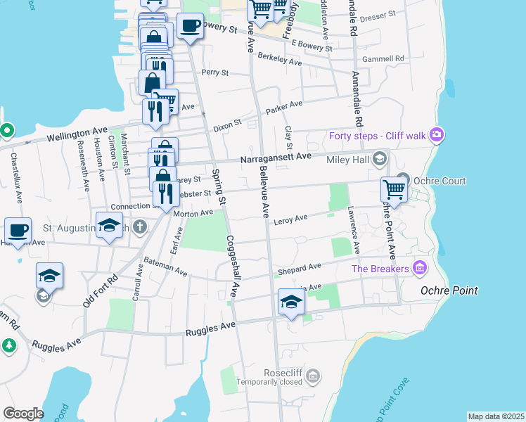 map of restaurants, bars, coffee shops, grocery stores, and more near 443 Bellevue Avenue in Newport