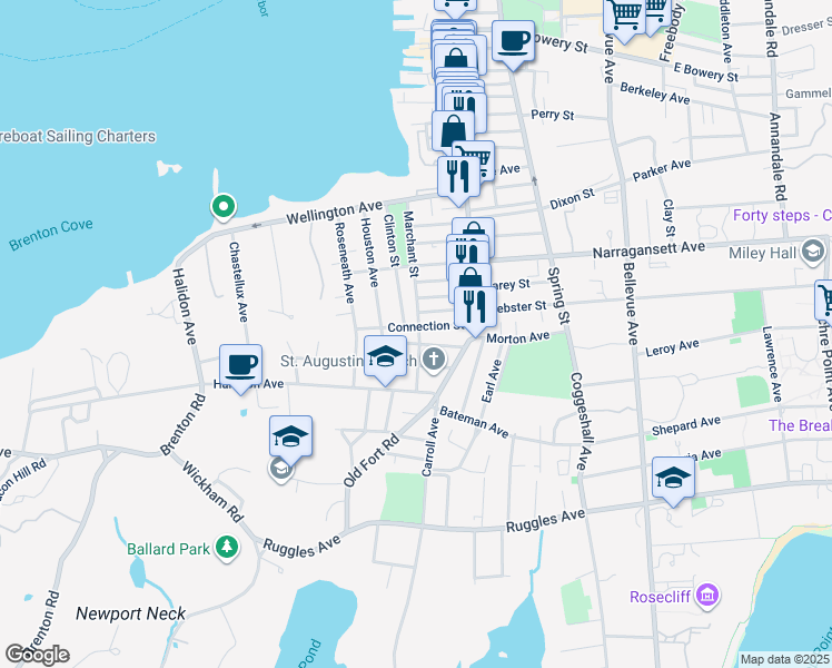 map of restaurants, bars, coffee shops, grocery stores, and more near 61 Marchant Street in Newport