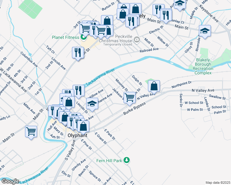 map of restaurants, bars, coffee shops, grocery stores, and more near 617 Susquehanna Avenue in Olyphant