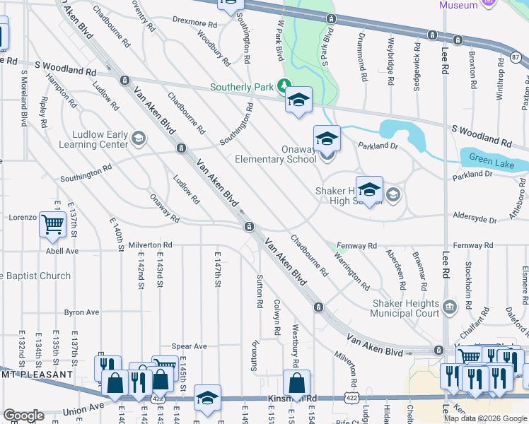 map of restaurants, bars, coffee shops, grocery stores, and more near 3169 Chadbourne Road in Shaker Heights
