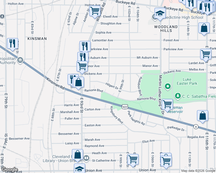 map of restaurants, bars, coffee shops, grocery stores, and more near 9609 Hilgert Drive in Cleveland