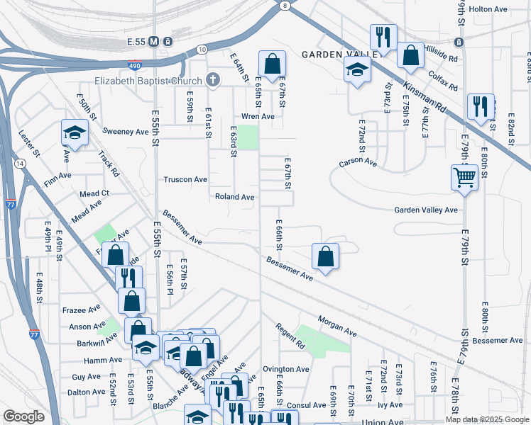 map of restaurants, bars, coffee shops, grocery stores, and more near 3121 East 65th Street in Cleveland