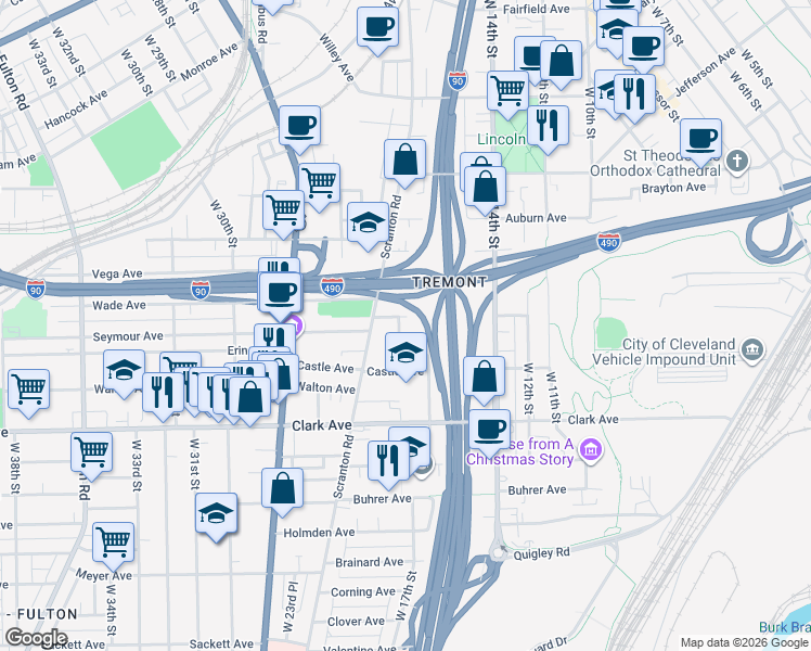 map of restaurants, bars, coffee shops, grocery stores, and more near 1621 Mentor Avenue in Cleveland