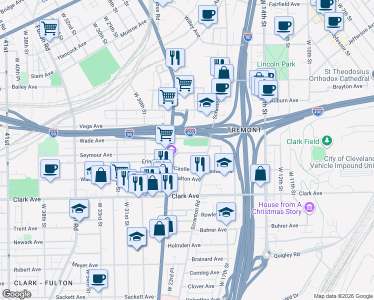 map of restaurants, bars, coffee shops, grocery stores, and more near 212 Wade Avenue in Cleveland