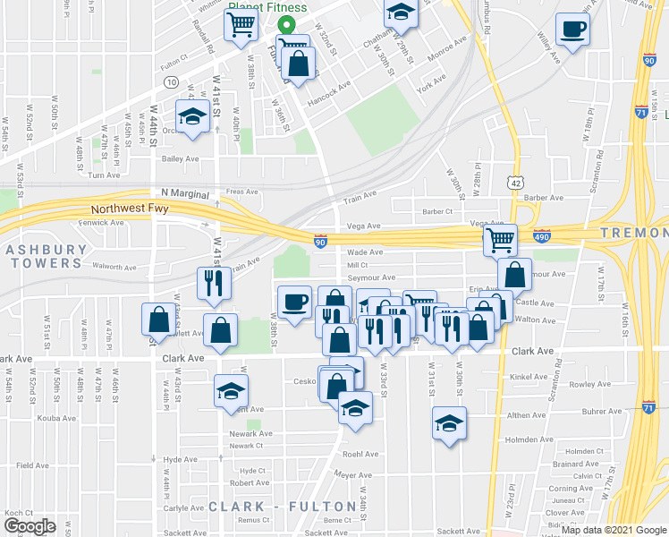 map of restaurants, bars, coffee shops, grocery stores, and more near 3507 Wade Avenue in Cleveland