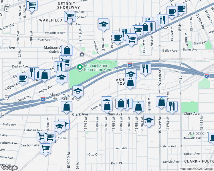 map of restaurants, bars, coffee shops, grocery stores, and more near 2052 West 55th Street in Cleveland