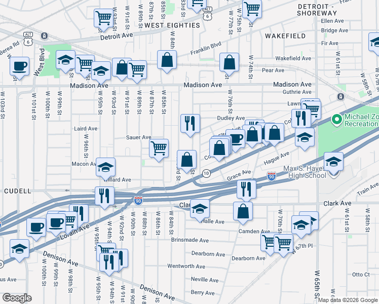 map of restaurants, bars, coffee shops, grocery stores, and more near 2130 West 81st Street in Cleveland