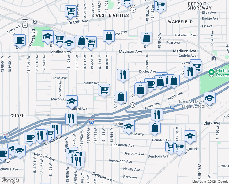 map of restaurants, bars, coffee shops, grocery stores, and more near 2133 West 84th Place in Cleveland