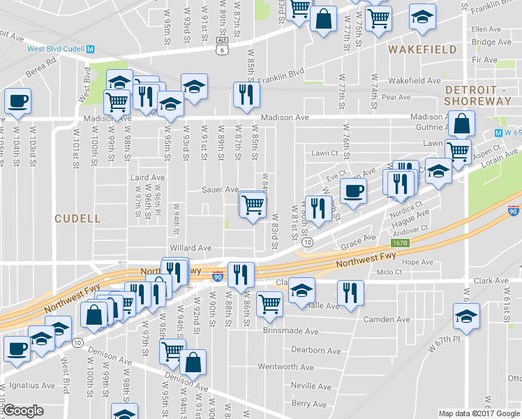 map of restaurants, bars, coffee shops, grocery stores, and more near 2133 West 84th Place in Cleveland