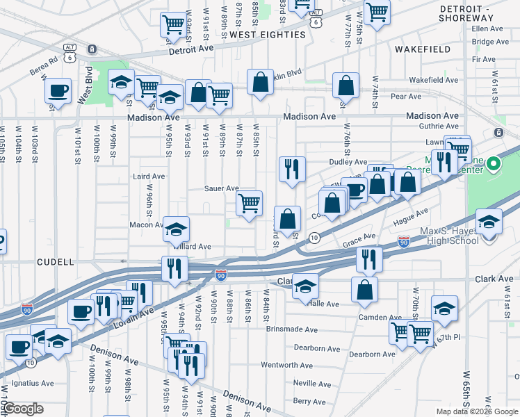 map of restaurants, bars, coffee shops, grocery stores, and more near 2133 West 84th Place in Cleveland