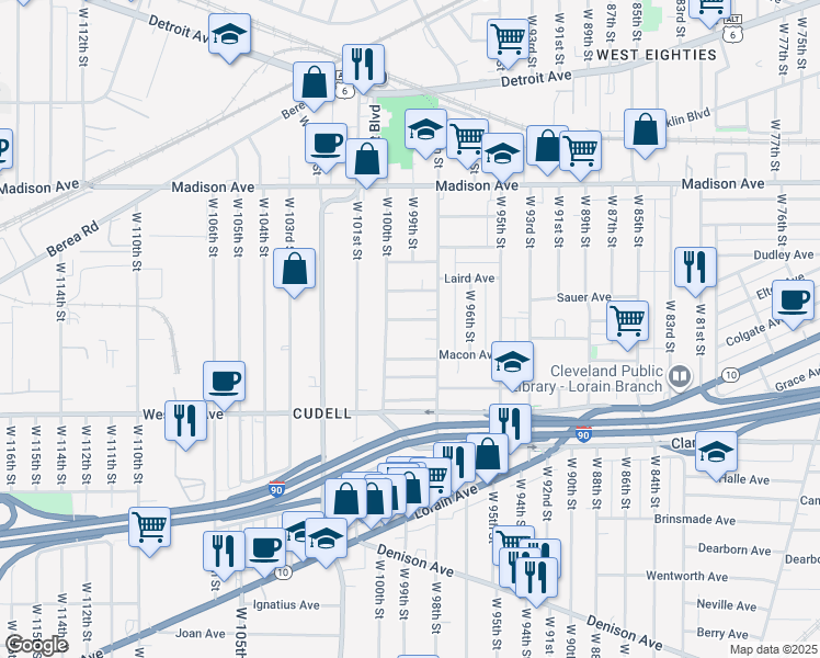 map of restaurants, bars, coffee shops, grocery stores, and more near 9811 Cudell Avenue in Cleveland