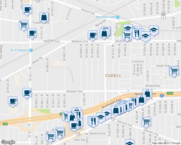 map of restaurants, bars, coffee shops, grocery stores, and more near 2127 West 104th Street in Cleveland