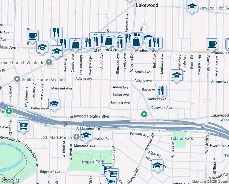 map of restaurants, bars, coffee shops, grocery stores, and more near 15122 Arden Avenue in Lakewood