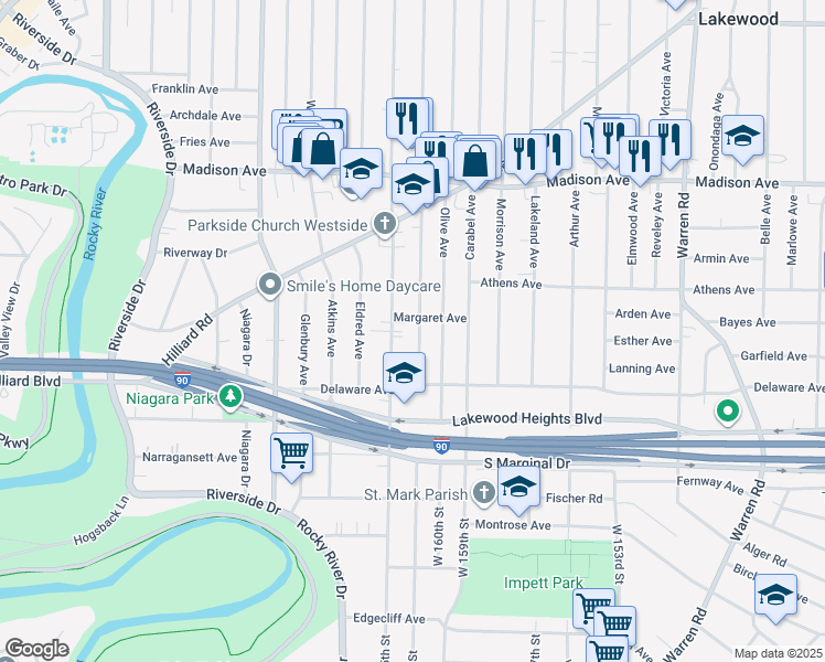 map of restaurants, bars, coffee shops, grocery stores, and more near 2189 Woodward Avenue in Lakewood