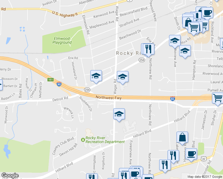map of restaurants, bars, coffee shops, grocery stores, and more near 21115 Detroit Road in Rocky River