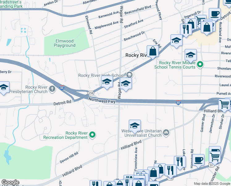 map of restaurants, bars, coffee shops, grocery stores, and more near 21115 Detroit Road in Rocky River