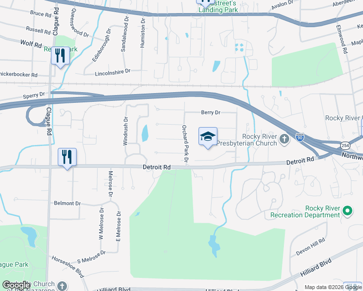 map of restaurants, bars, coffee shops, grocery stores, and more near 22556 Peachtree Lane in Rocky River